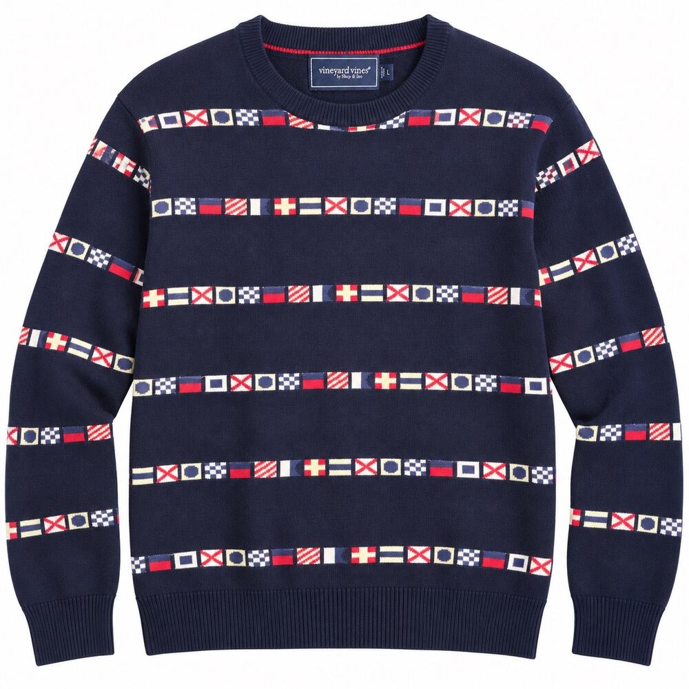 Vineyard Vines Mens L Cotton Cashmere Nautical Flag Sweater Navy Preppy